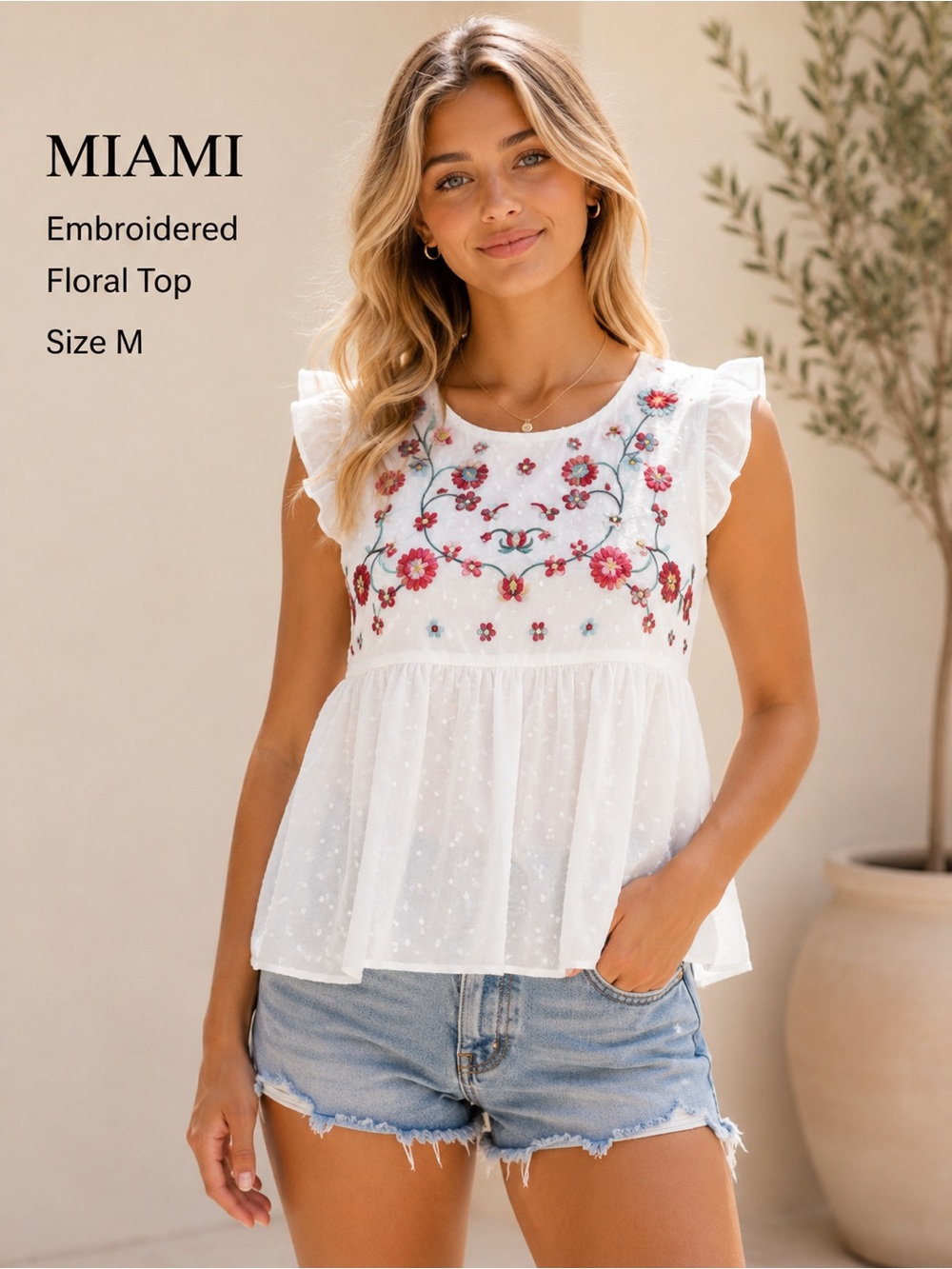 Embroidered Floral Babydoll Top White Flutter Sleeve Size M